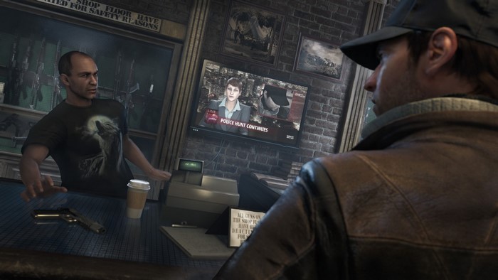 Aiden Pearce from Watch Dogs in a gun shop