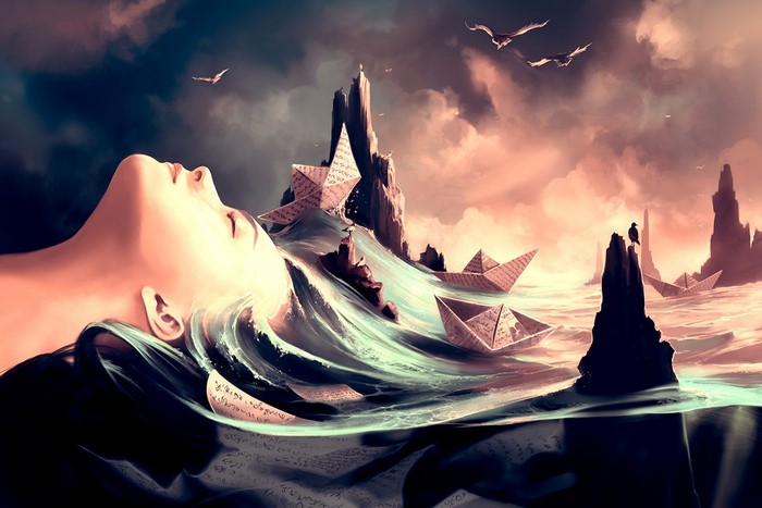 Surreal dreamscape with paper boats and a woman's face