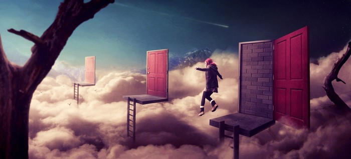 Surreal fantasy art of a person jumping between doors in clouds