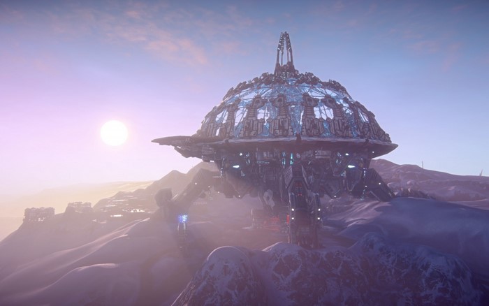 Sci-fi structure on a snowy planet at sunrise