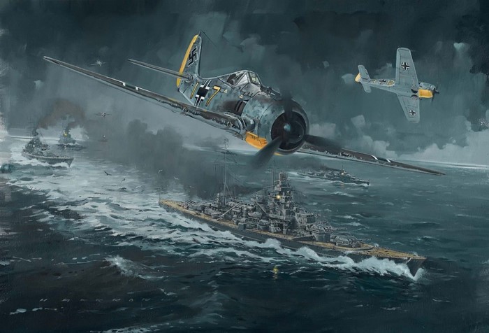 German Focke Wulf FW 190 aircraft over battleships