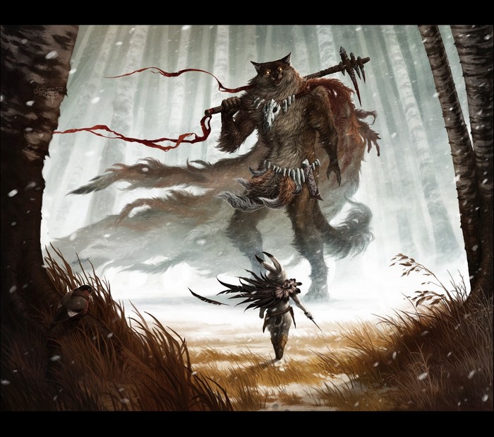 Giant wolf-like creature and warrior in snowy forest