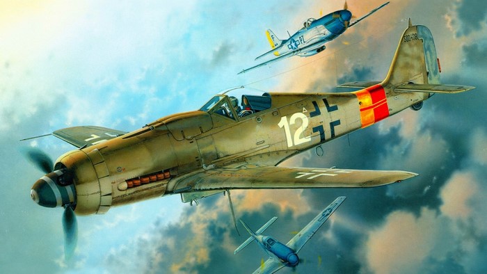 Focke Wulf FW 190 and P-51 Mustangs in flight