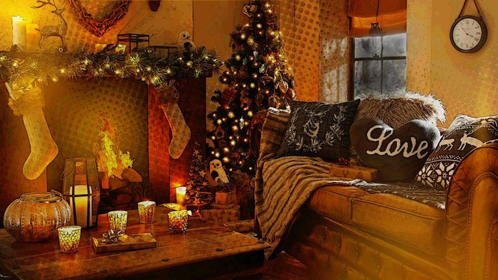 Cozy Christmas living room with fireplace and tree