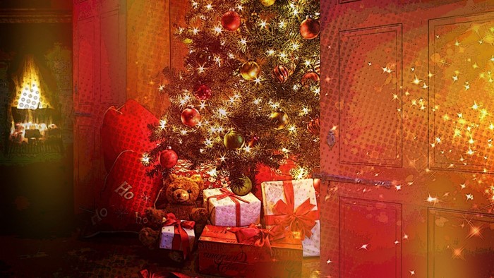 Christmas tree with gifts and fireplace