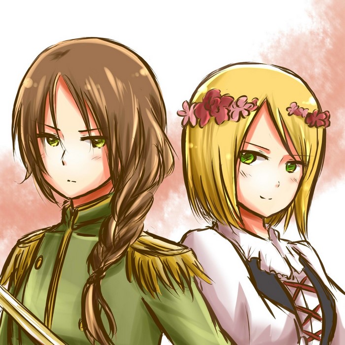 Two anime girls in military and floral attire