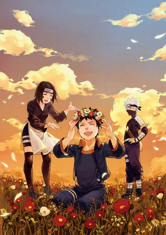 Rin, Obito, and Kakashi from Naruto Shippuden with flower wreaths
