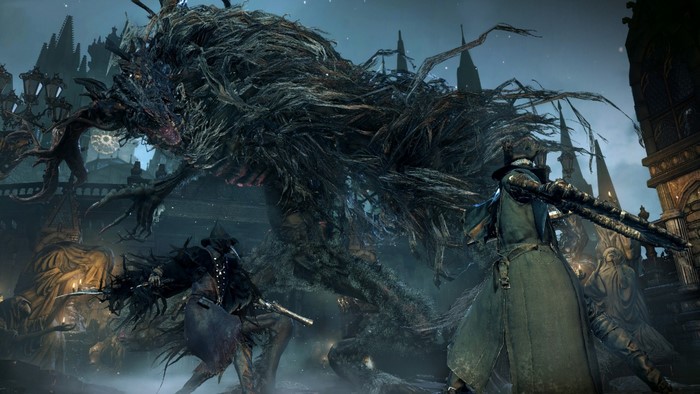 Bloodborne boss fight with hunters