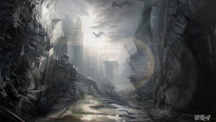 Metro Last Light post-apocalyptic city ruins with dragons