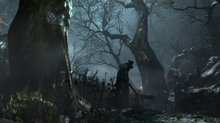 Character in dark forest from Bloodborne