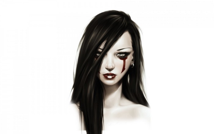 Artwork of a woman with black hair and bloody tears