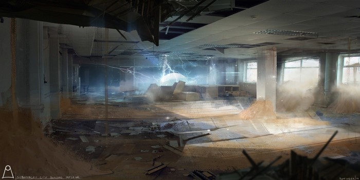 Submerged City Building Interior with Lightning
