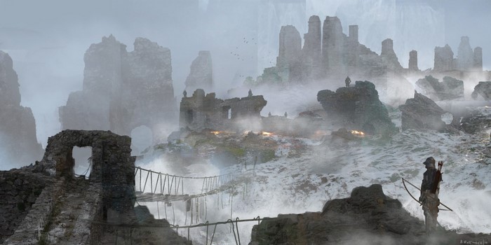 Ruined castle on a misty mountain with a lone archer