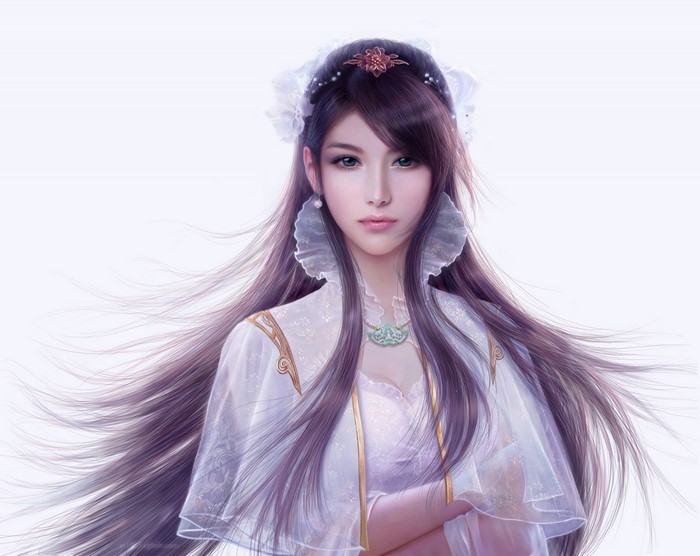 Digital artwork of a woman with long purple hair