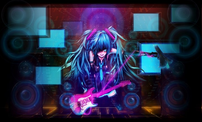 Hatsune Miku with a pink guitar on stage