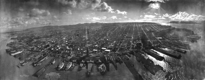 Aerial view of San Francisco waterfront and cityscape