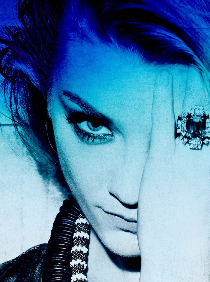 Close-up of Natalie Dormer's face with blue filter