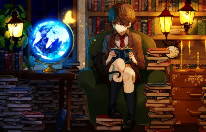 Anime boy reading in a library with a globe and cat