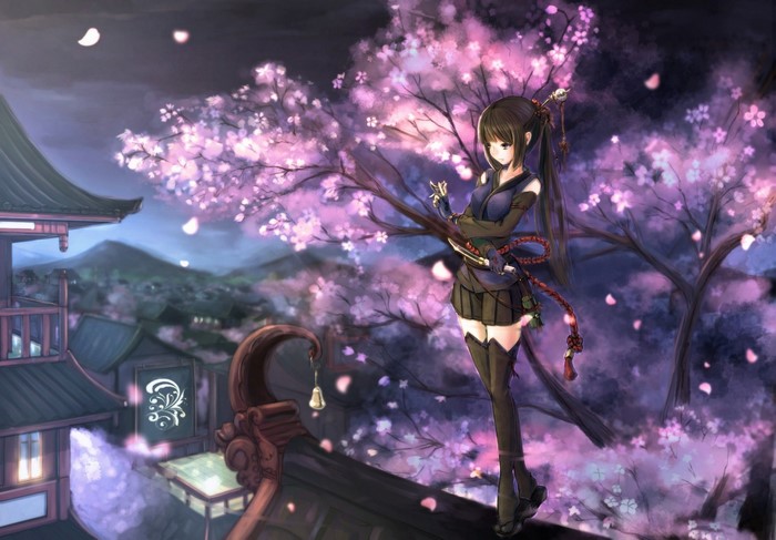 Anime girl under cherry blossoms at night