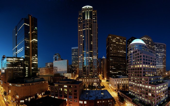 Cityscape of skyscrapers at night