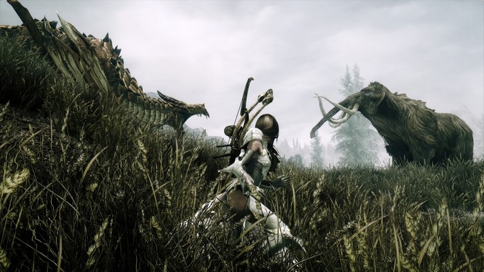 Dragonborn fighting a dragon and a mammoth in Skyrim