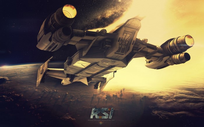 RSI Cutlass spaceship flying over a planet