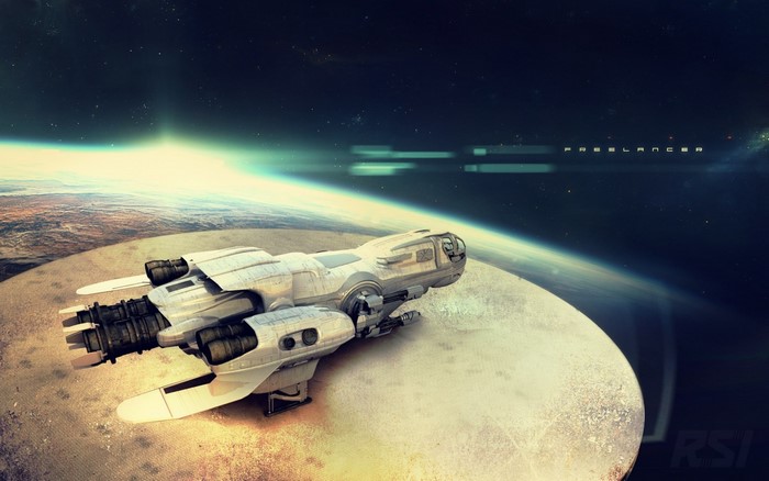 Freelancer spaceship orbiting a planet
