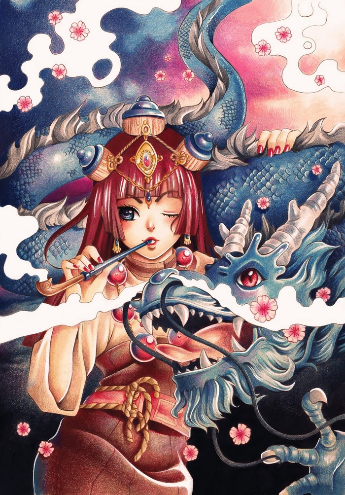 Anime girl with dragon and cherry blossoms