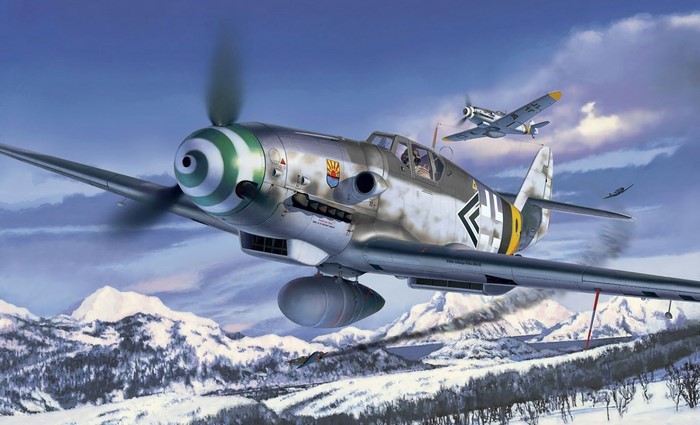 Messerschmitt Bf 109s flying over a snowy mountain landscape