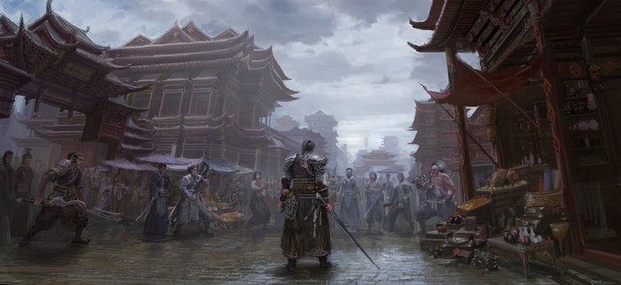 Warrior in a crowded marketplace from Dynasty Warriors