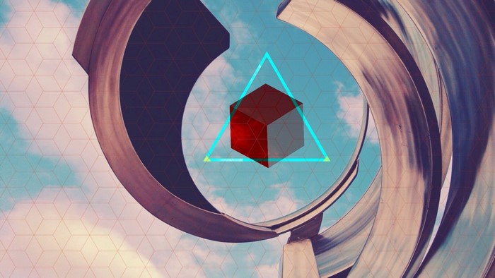 Abstract geometric shapes over a cloudy sky and sculpture
