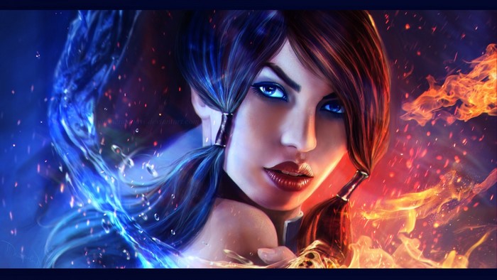 Korra from The Legend of Korra with fire and water