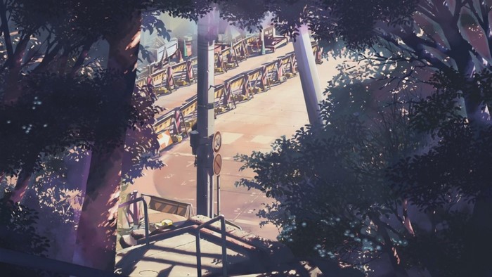 Anime artwork of a street with construction barriers