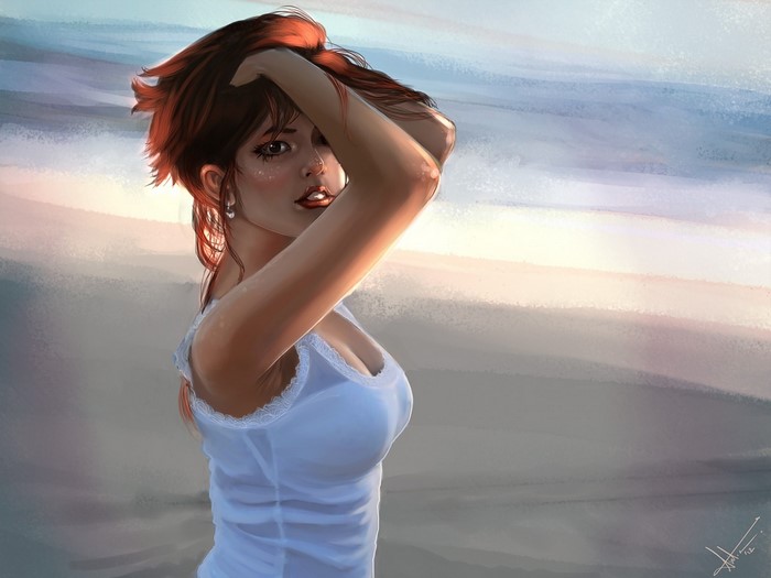Redhead Woman in White Tank Top with Sunlight