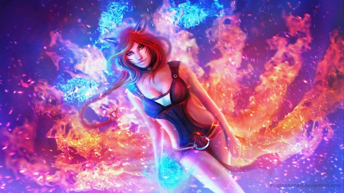 Ahri from League of Legends surrounded by fire
