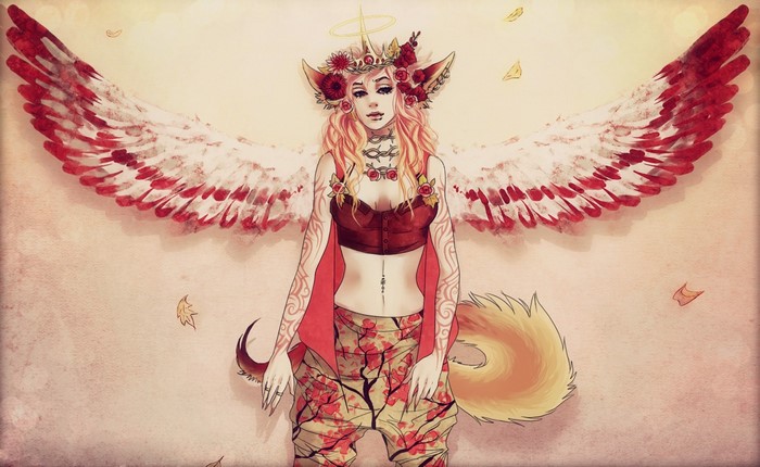 Fantasy art of a winged fox-like creature with flowers