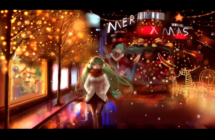 Hatsune Miku and another Miku on a Christmas street