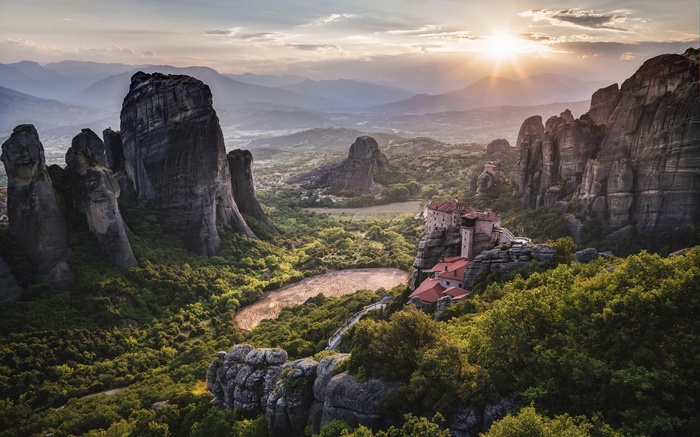 Meteora monasteries at sunset