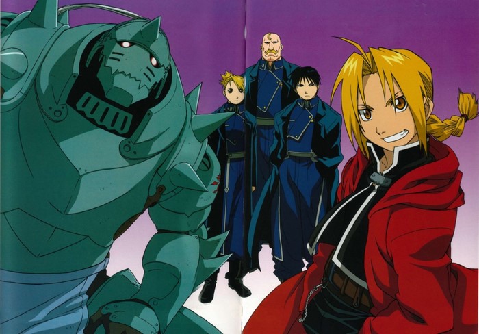 Fullmetal Alchemist characters: Edward Elric, Alphonse Elric, Roy Mustang, Riza Hawkeye
