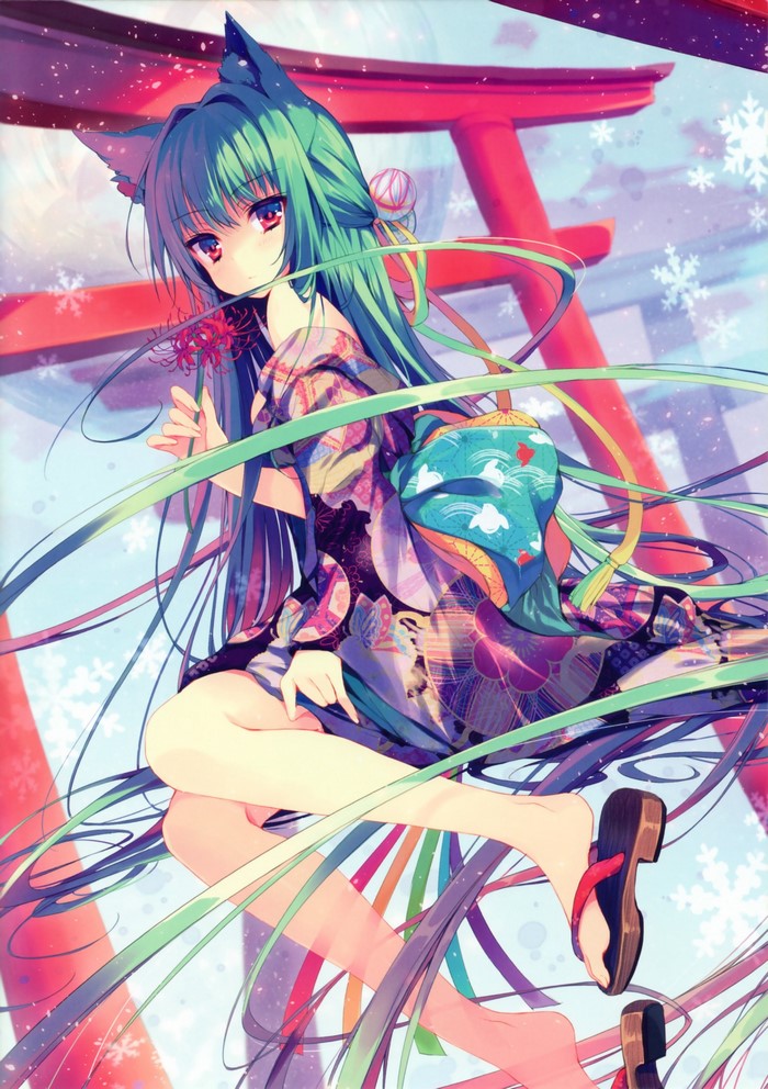 Anime girl with cat ears in a kimono with flowers