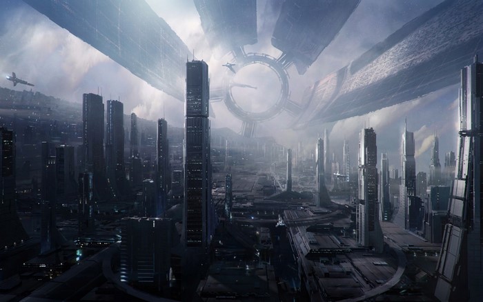 Mass Effect Citadel cityscape with large ring structure
