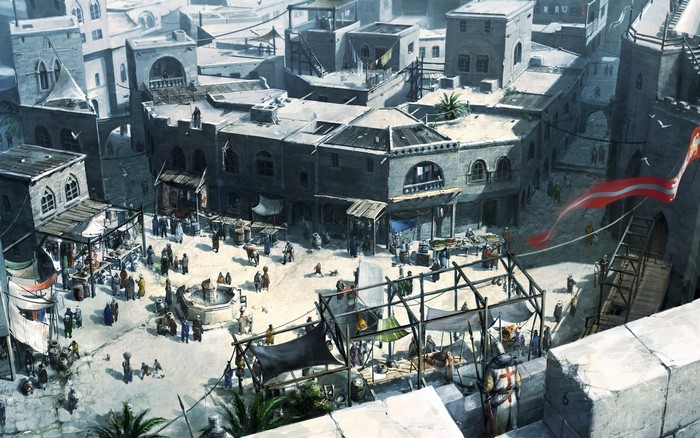 Assassin's Creed city square with market stalls and people