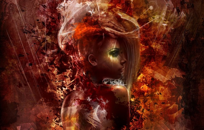 Artwork of a woman with fiery hair and makeup