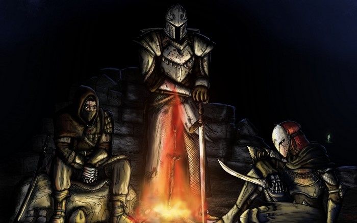 Three armored figures by a campfire in Dark Souls