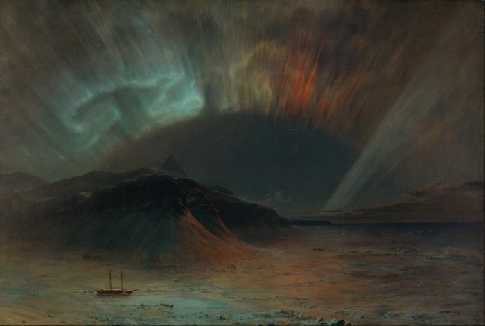 Aurora Borealis over Arctic Landscape with Ship
