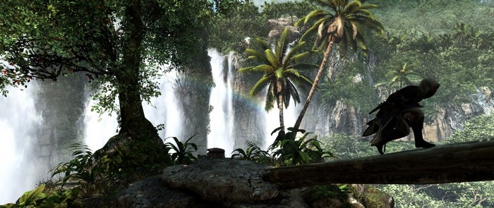 Assassin from Assassin's Creed in a jungle with waterfalls