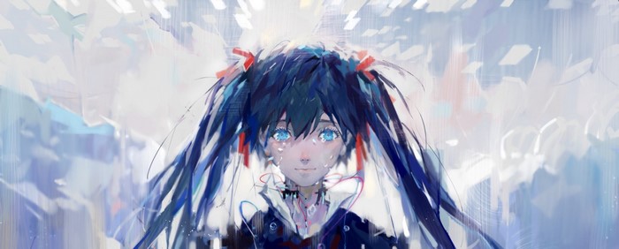 Anime girl with blue hair and twintails crying