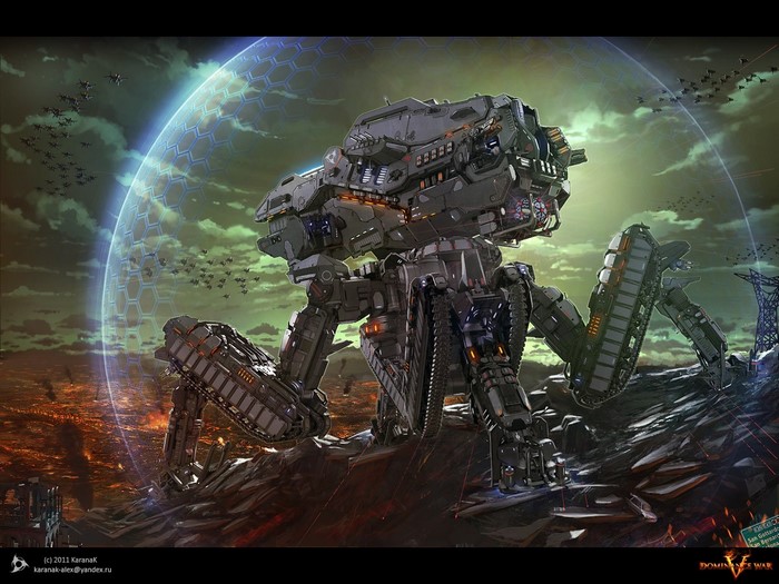 Giant mech under a hexagonal shield