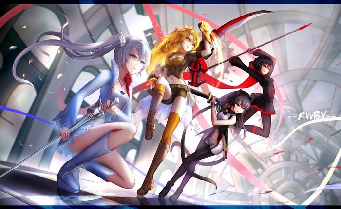 RWBY characters Weiss Schnee, Yang Xiao Long, Blake Belladonna, and Ruby Rose