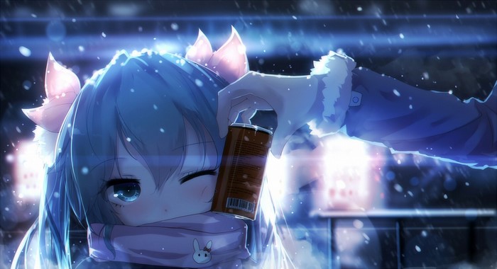 Hatsune Miku from Vocaloid in the snow holding a drink